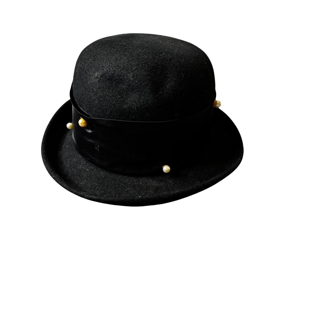 Lancaster Black 100% Wool Bowler Hat Satin Rose Faux Pearl Accents Made in USA